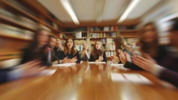 A defocused view of a highlevel meeting with blurred faces and gestures photo