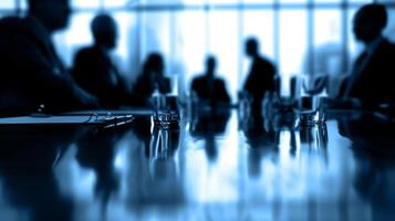 Faint outlines of professionals in formal attire exchanging ideas in a boardroom setting photo
