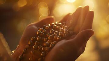 Defocused images of hands holding rosary beads moving in unison with quiet chants photo