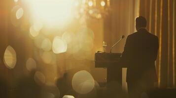 The hazy outline of an auctioneer taking bids at the podium photo