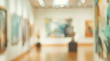 A hazy view of a room filled with blurred paintings and sculptures photo
