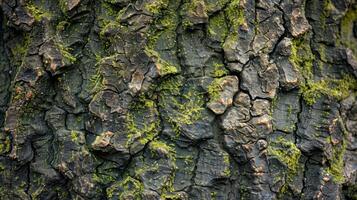 A closeup of mosscovered tree bark showcasing the softness and thickness of the moss as it clings to the surface photo