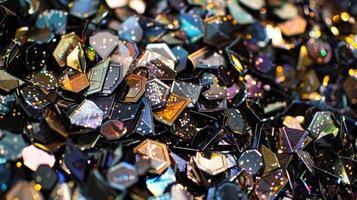 A macro shot of a pile of discarded sequins their shapes and sizes varying but all coated in a layer of glitter that sparkles like a million stars photo