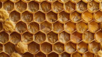 The intricate pattern of a honeycomb captured in extreme detail showcasing its precise geometric shapes and delicate edges photo