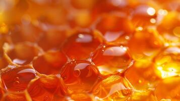 A macro shot of a freshly harvested honeycomb highlighting its warm amber color and glossy surface photo