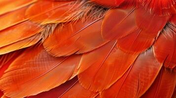 The vibrant red and orange feathers of a bird displaying an almost velvety texture up close photo