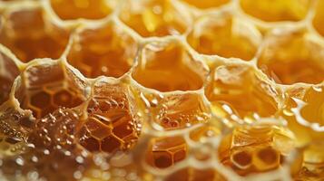 Closeup of a honeycomb slice displaying layers of hexagonal cells and rich gooey honey oozing out photo