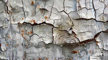 Intricate web of fine lines and jagged shards where chunks of paint have chipped away revealing glimpses of weathered wood beneath photo