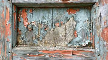A weathered door or window frame showing its age through a rough pockmarked surface and patches of missing paint photo