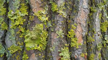 A zoomedin image of lichen spreading across the bark with small puffs of fuzzy white s ast the green creating a playful and whimsical texture photo