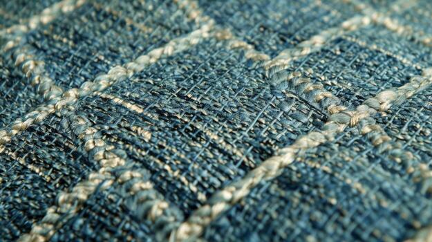 Delicate threads of subtle blues and greens intertwine forming a elegant diamond pattern on a finely woven carpet adding a touch of sophistication to any room photo