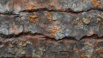 Rustic and weathered this bark texture is characterized by its aged and cracked surface displaying a rich earthy color palette with hints of moss and lichen photo