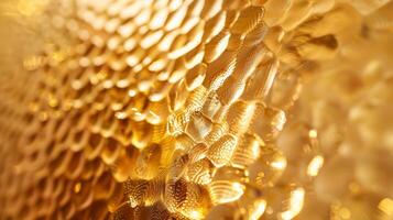 A highly reflective golden surface adorned with small overlapping patterns providing a luxurious texture to the polished brass photo