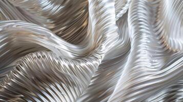 The fine intricate details of a metallic silver fabric with rippling waves that catch the light and give off a sense of opulence and luxury photo