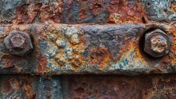 A rusty iron bolt covered in a thick layer of reddishbrown rust and rusted through in some spots photo