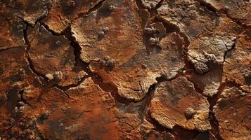 Uneven and crumbled patches of reddishbrown earth showcasing a rough and grainy texture photo