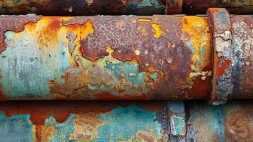 A closeup of rusted iron pipes with layers of rust and mottled colors giving the pipes a textured and worn appearance photo