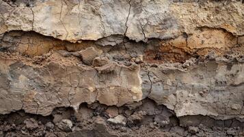 Rough and crumbling soil with layers of different shades of earth visible in intricate patterns photo