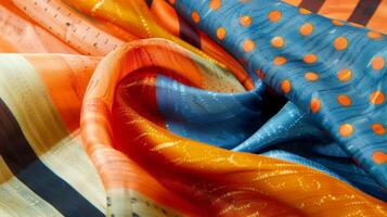 A closer look at a silk scarf featuring a mix of vibrant stripes and polka dots perfect for adding a pop of color to any outfit photo