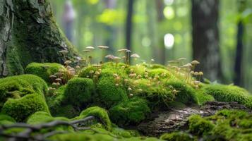 The miniature world of moss colonies with a closeup of tangled roots and delicate mushrooms nestled within the vibrant green ecosystem of a mosscovered tree photo