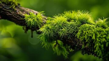 The bumpy craggy texture of a sy tree branch adorned with wispy tendrils of emerald moss almost like a beautiful frizzy hairstyle photo