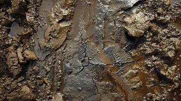 A top view of a deep mud puddle showcasing the smooth and slick texture of the wet surface photo