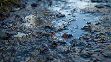 The glossy and reflective texture of a puddle of mud after a recent rain with a slightly rippled surface adding depth and dimension photo