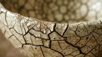 A detailed view of a cracked pottery bowl showcasing a network of interconnected cracks resembling a spiders web photo