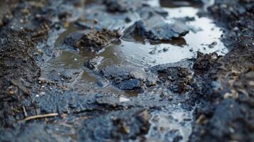 The muddy and sticky texture of a puddle after being disturbed with clumps of dirt and debris creating a lumpy and uneven appearance photo