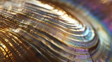 A closeup of a goldencolored shell with a smooth iridescent surface that appears almost liquid in texture photo