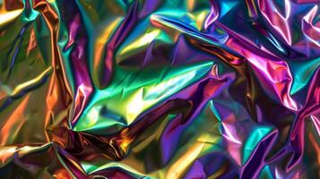 A macro image of a multicolored foil exhibiting a combination of iridescent hues and a smooth reflective surface photo