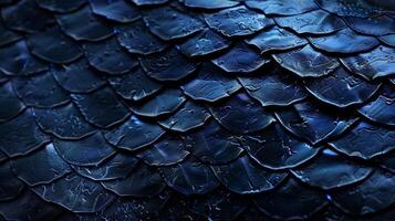 A detailed shot of a dark blue foil displaying a unique texture resembling tiny scales giving off a mesmerizing shimmer in the light photo