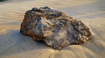 Closeup of a weathered sunbleached rock nestled in the midst of a sandy shore showcasing its rough and craggy surface and the fine grains of sand settled on top photo