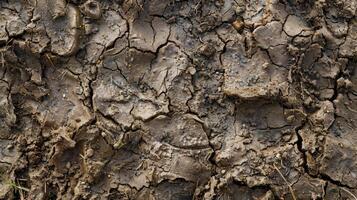 A detailed image of worn and gritty soil with visible grooves and uneven surfaces revealing its rough and weathered texture photo