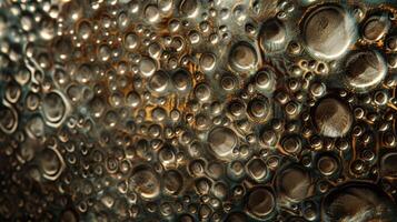 Closeup of a textured metallic surface with intricate patterns and designs etched into it creating a sense of depth and dimension photo