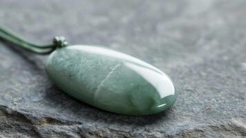 An angled view of a polished jade pendant showcasing the smooth cool surface and subtle variations of light and dark green photo