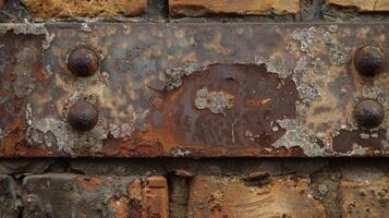 Rusty accents A closeup image showcasing the rustic charm of weathered brick with rusted metal accents and stains adding a weathered and worn element to the texture photo