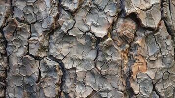 A closeup of a rough uneven tree bark showing its age and weathered texture photo