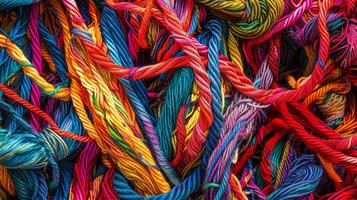 A tangle of brightly colored mismatched threads creating a playful and whimsical pattern photo