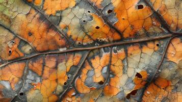 A closeup of a partially decayed leaf highlighting its patchy and discolored surface with decaying holes and indentations photo
