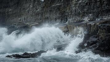 Large foaming waves crashing against a rocky cliff leaving behind a misty spray and a rugged texture photo