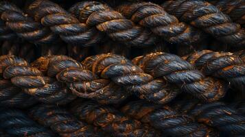 Thick ropelike threads tightly coiled and twisted together creating a dense and tangled texture photo