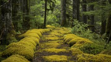 A closeup of spongelike moss creating a lush and bumpy walkway surrounded by towering trees photo