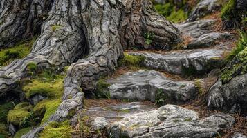 The gnarled rough bark of a tree mixed with the soft smooth moss covering its base creating a natural pathway photo