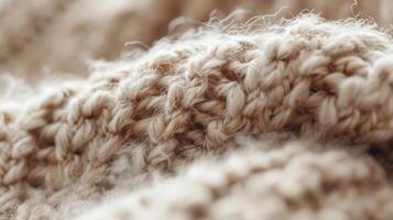 A macro shot of a soft fuzzy texture of a knitted wool scarf with individual stitches creating a hazy pattern that begs to be touched photo