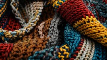 A zoomedin shot of the knit pattern on a wool scarf showcasing a variety of stitches and textures that have been carefully crafted to create a cozy winter accessory photo