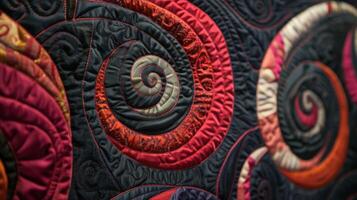 The textured surface of a handstitched quilt displays intricate swirls and curves creating a mesmerizing pattern photo