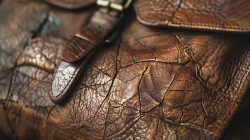 A closeup of a leather bag showcasing the cracked and distressed surface resembling a map of the owners journey and adventures photo