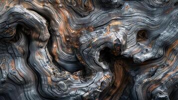 The intricate details of gnarled driftwood highlighted by the play of light and shadow giving depth and dimension to its rugged weathered appearance photo