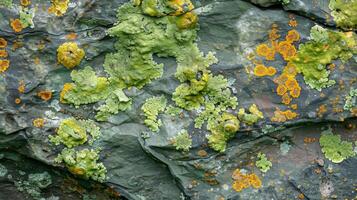 A detailed view of a chunk of stone clothed with a fuzzy layer of bright green lichen highlighted by small spots of yellow and orange photo